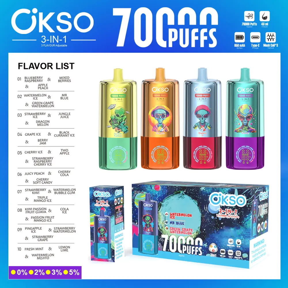 OKSO 3in1 70K Disposable Vape 70000 Puffs Triple Flavor Rechargeable E-Cigarette with Screen Display - Image 2
