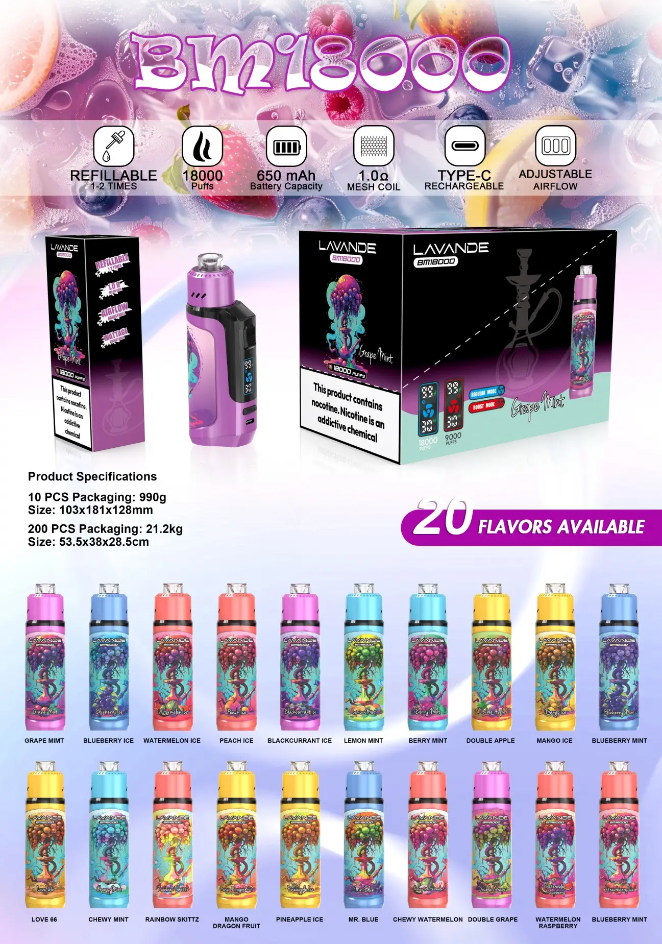 Handy vape Lavande BM 18000 for MTL vaping