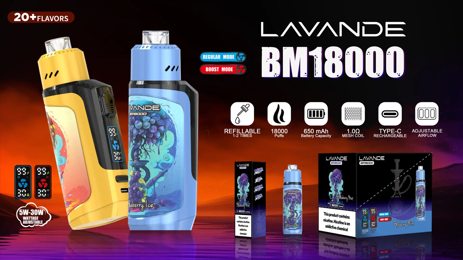 Lavande BM 18000 rechargeable disposable vape with Type-C charging